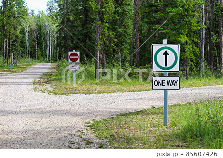 A one way and a wrong way sign by a country road intersection A one way and a wrong way sign by a country road intersection 85607426