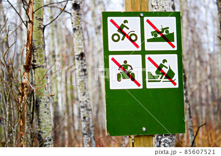 No recreational vehicles sign along a campsite road No recreational vehicles sign along a campsite road 85607521