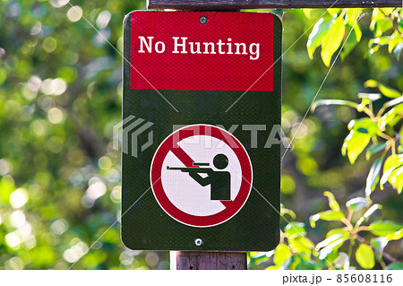 Closeup of a no hunting sign on a green background 85608116