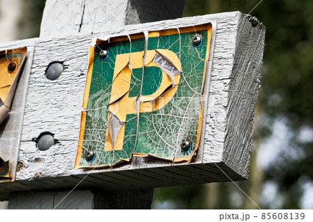 A faded peeling parking sign on wood 85608139