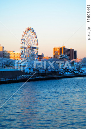 朝焼けと雪景色の荒川遊園の新観覧車を望む　小台橋より 85608441