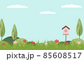 Spring landscape in the garden with green grass, flower, 85608517