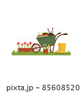 Spring landscape in the garden with green grass, flower, garden wheelbarrow, shovel. 85608520