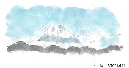雪を被って、青空のもとに雲をたなびかせる冬の富士山（東京から見た風景）の水彩画イラスト 85608641