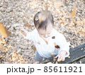 落ち葉で遊ぶハーフの赤ちゃん 85611921