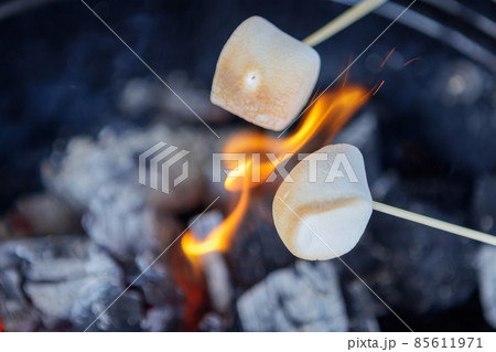 キャンプで焚き火と焼きマシュマロの写真素材