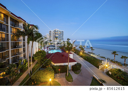 Twilight aerial view of the Historical Hotel del Coronado and beach 85612615