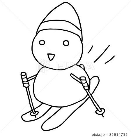 スキーを滑る雪ダルマの線画イラストのイラスト素材 スキーを滑る雪ダルマの線画イラストのイラスト素材