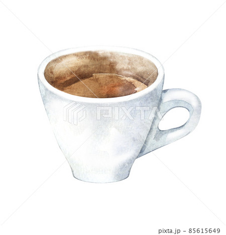 Watercolor cup with espresso coffee. Hand drawn illustration of morning caffeine drink. 85615649