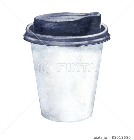 Watercolor coffee paper cup with cover. Hand drawn illustration of caffeine drink to take away. Watercolor coffee paper cup with cover. Hand drawn illustration of caffeine drink to take away. 85615650