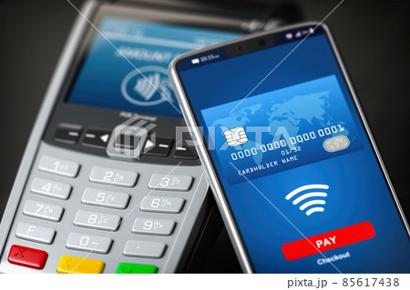 NFC contactless mobile payment technology concept. Smartphone with POS terminal isolated on white. 85617438