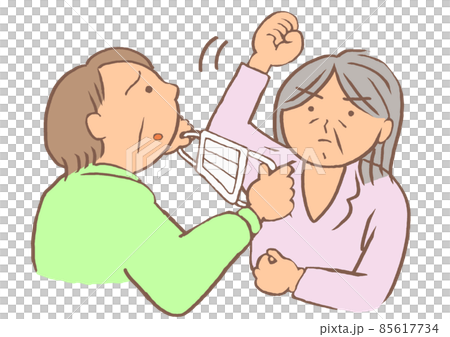 Dementia: Family trying to wear a mask and an elderly woman who refuses Dementia: Family trying to wear a mask and an elderly woman who refuses 85617734