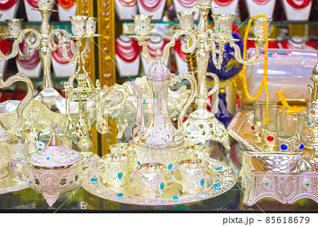 Traditional handmade tea and coffee sets or teapots for sale at the Egyptian Bazaar 85618679