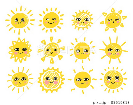 Funny cute sun set. Happy smiley sun characters. Vector hand drawn doodle sunny icon 85619313