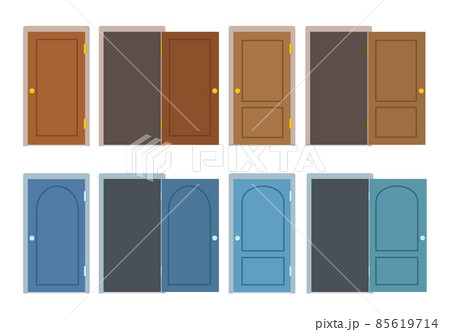 Set of doors in brown and blue color, different positions, closed and open. flat-style illustration 85619714