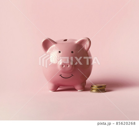 Cute pink piggy bank, close up view. 85620268