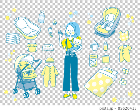 Baby goods and mom holding a baby 85620413