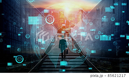 Ambitious business man climbing stairs to success conceptual Ambitious business man climbing stairs to success conceptual 85621217
