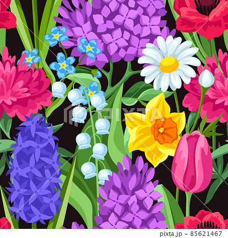 Seamless pattern with spring flowers. Beautiful decorative bouquet of blooming plants. Seamless pattern with spring flowers. Beautiful decorative bouquet of blooming plants. 85621467
