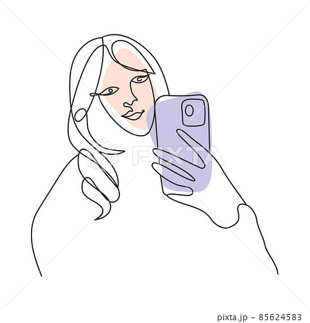 One Line Art Woman Figure Vector Drawing. Contouring Line. Abstract minimalist Face. A girl with telephone making Self photo. Two geometric shapes elements in pink, blue pastel colors 85624583