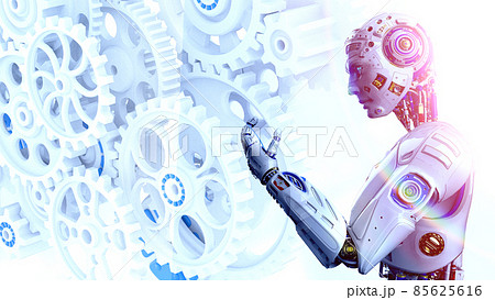 白色のAIロボットと白色-青色の歯車 85625616
