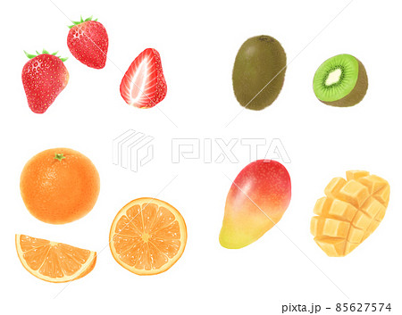 デジタル水彩で描いた春の果物セット(苺・ネーブルオレンジ・キウイ・マンゴー) 85627574