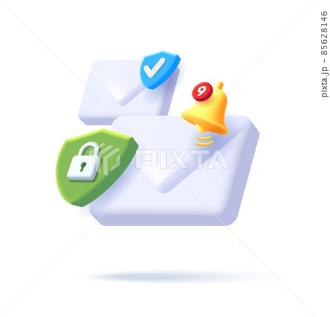 Composition of digital icons of envelope with security shield and padlock and notification bell, 3d isometric illustration Composition of digital icons of envelope with security shield and padlock and notification bell, 3d isometric illustration 85628146