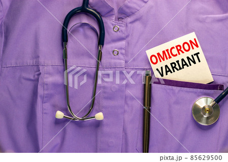 Covid-19 omicron strain variant symbol. Medical uniform white card with words Omicron variant, metalic pen and stethoscope. Medical and COVID-19 pandemic omicron strain variant virus concept. 85629500