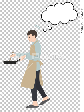 エプロンをして困った顔で料理をする男性（吹き出し付き・単身赴任や家事分担等のイメージに） 85629585