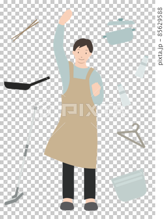 A man who wears an apron and makes a guts pose with a smile on the back of daily necessities (for the image of housework agency and housework sharing) 85629588