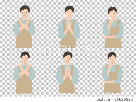 Illustration material: Icon set of a man who wears an apron and makes gestures such as denial, request, gratitude, and confusion. Illustration material: Icon set of a man who wears an apron and makes gestures such as denial, request, gratitude, and confusion. 85629589