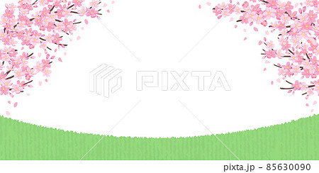 桜の木と草原のイラスト 背景素材 白背景 バナーサイズのイラスト素材