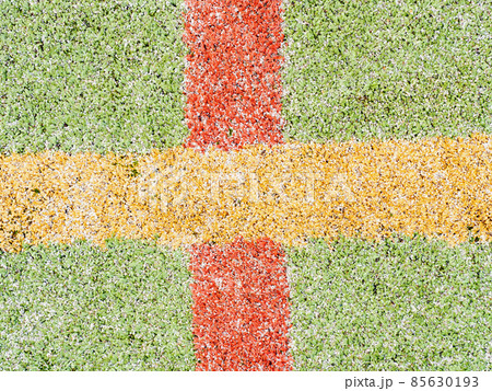Colorful lines of playfield. Sports markings on playfield. Football or handball playground Colorful lines of playfield. Sports markings on playfield. Football or handball playground 85630193