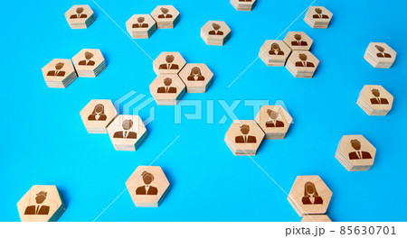 Business people on hexagonal figures. Searching for candidates, hiring new employees for vacancies. Human resources. Personnel management. Communication, organize of work relations of company workers. 85630701