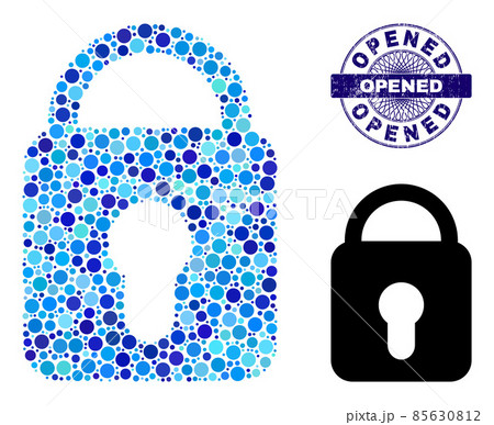 Grunge OPENED Round Guilloche Stamp and Locked Collage Icon of Round Dots 85630812