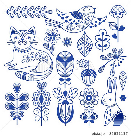 Blue folk finnish. Swedish design borders, ornament scandinavian folklore art. Rustic decor, nordic nature floral elements. Cat, bird and rabbit nowaday vector set 85631157