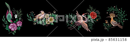 Birds embroidery templates. Romantic bird oriental print. Handmade silk stitch floral compositions for tshirt design. Exotic stitched flowers nowaday vector set 85631158