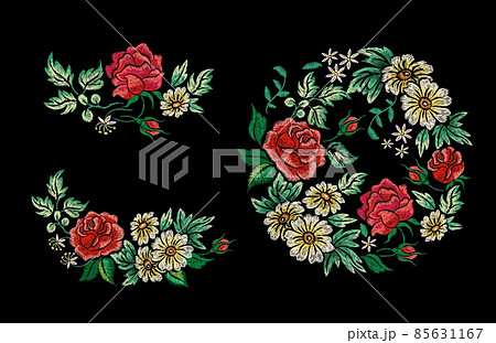 Decorative floral embroidery. Folk artwork, kimono embroidered bouquet. Vintage tribal flowers, roses and daisy with leaves, nowaday vector set Decorative floral embroidery. Folk artwork, kimono embroidered bouquet. Vintage tribal flowers, roses and daisy with leaves, nowaday vector set 85631167