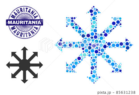 Scratched MAURITANIA Round Guilloche Seal Stamp and Radial Arrows Composition Icon of Round Dots 85631238