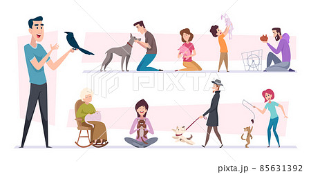 Pets owners. Dogs cats living with people funny puppy happy domestic animals playing birds fishes exact vector cartoon pictures set Pets owners. Dogs cats living with people funny puppy happy domestic animals playing birds fishes exact vector cartoon pictures set 85631392