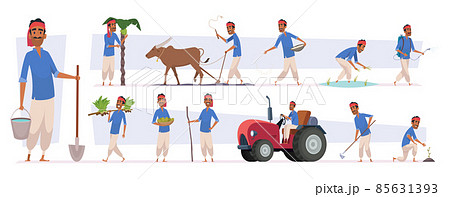 Indian farmer. Village rural character worker in nature exact vector indian people harvesting in cartoon style 85631393