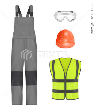 Industry uniform. Realistic workwear professional constructors or engineer pants helmet shoes and jacket with reflection colored lines decent vector templates set 85631399