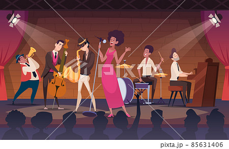 Musicians. Performance jazz band on promo stage music concert exact vector cartoon background 85631406