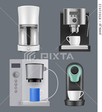 Coffee machine. Realistic hot drinks production machine breakfast coffee makers cafe beverage dispenser espresso capuchino kitchen items decent vector illustrations set 85631413