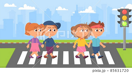 Kids on crosswalk. Kid street crossing, student on road. Green traffic light, safety in town. Cartoon children walk together, education decent vector concept Kids on crosswalk. Kid street crossing, student on road. Green traffic light, safety in town. Cartoon children walk together, education decent vector concept 85631720
