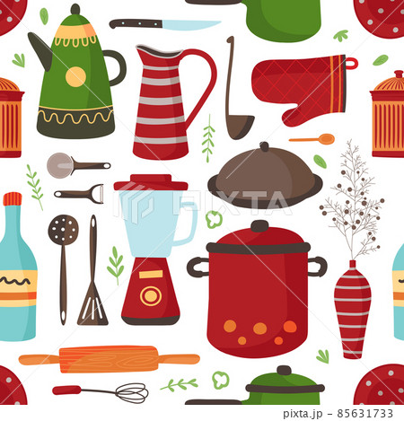 Kitchen pattern. Cooking background, modern cup and dish. Ceramic utensils, stylish crockery. Teapot, vase with floral branch, tools classy vector seamless texture 85631733