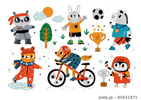 Sport animals. Cartoon athletes characters with equipment. Penguin playing hockey. Football or karate. Healthy lifestyle motivation. Fox on bicycle. Skiing and running. Vector sportsmen set 85631875