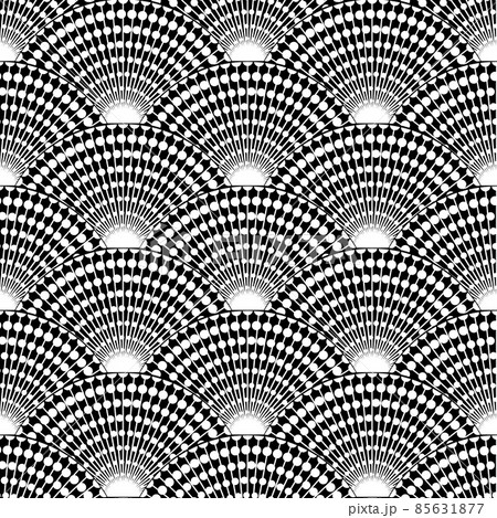 Wavy seamless black and white pattern. Seigaiha ornament in Japanese style. Doodle print polka dot hand drawn. Peacock tail. Banner Vector illustration isolated on white background 85631877