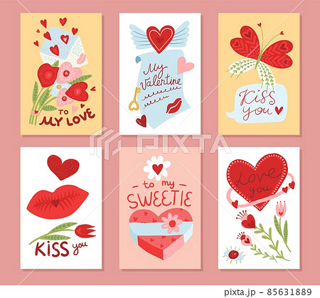 Cute Valentine day cards. Romantic greeting postcards. Love holiday celebration symbols. Lovers couples. Kissing lips and letters. Butterfly and sweets. Vector hearts and flowers posters set Cute Valentine day cards. Romantic greeting postcards. Love holiday celebration symbols. Lovers couples. Kissing lips and letters. Butterfly and sweets. Vector hearts and flowers posters set 85631889