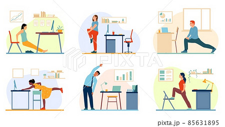 Office exercise. Sport on workplace. Workers do warm up. Employee stretch out. Fitness exercising during operation. Body care. People training with workspace furniture. Vector persons set 85631895